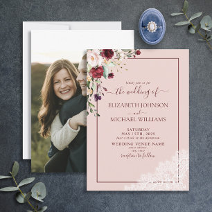 Elegant Burgundy Blush Script Photo Wedding Invitation