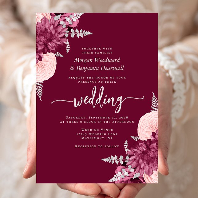 Elegant Burgundy Blush Silver Floral Wedding Invitation (Creator Uploaded)