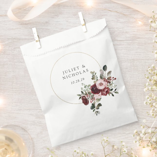 Elegant Burgundy & Blush Watercolor Floral Wedding Favour Bags (Clipped)
