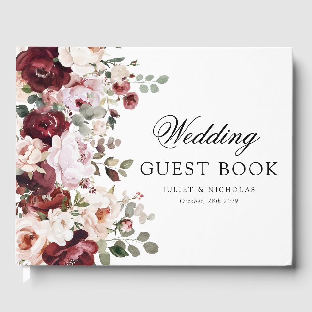 Elegant Burgundy & Blush Watercolor Floral Wedding Guest Book (Front)