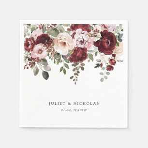 Elegant Burgundy & Blush Watercolor Floral Wedding Napkin