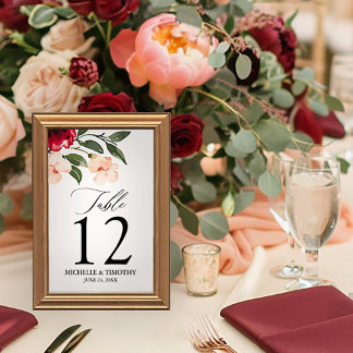 Elegant Burgundy Blush Watercolor Floral Wedding Table Number