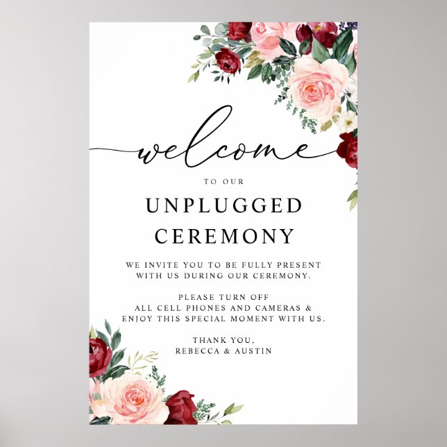 Elegant Burgundy Blush Wedding Unplugged Ceremony Poster (Front)