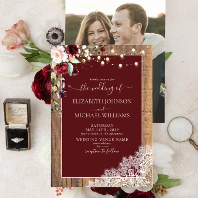 Elegant Burgundy Blush Wood Lace Photo Wedding  Invitation (Creator Uploaded)