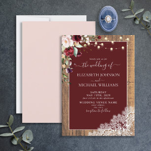 Elegant Burgundy Blush Wood Lace Script Wedding  Invitation