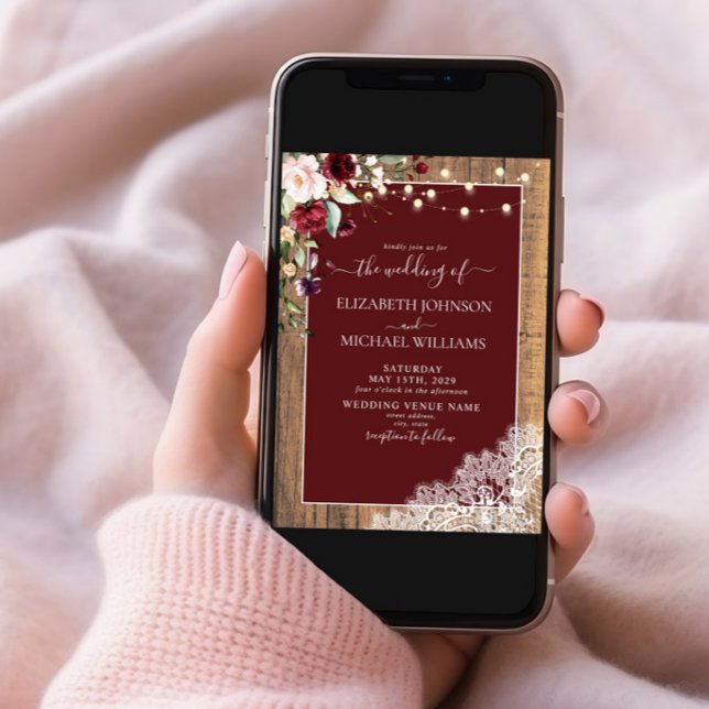 Elegant Burgundy Blush Wood Lace Script Wedding  Invitation (Creator Uploaded)