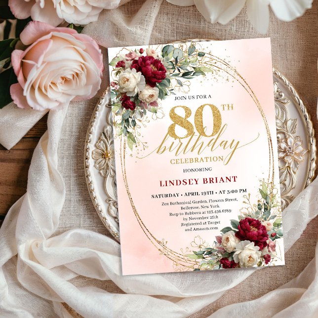 Elegant Burgundy Bohemian Floral 80th Birthday  Invitation (Elegant Burgundy Bohemian Floral 80th Birthday Invite)