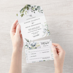 Elegant Burgundy Boho Greenery Wedding Photo All In One Invitation