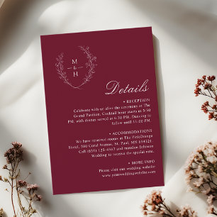 Elegant Burgundy Boho Monogram Wedding Details Enclosure Card