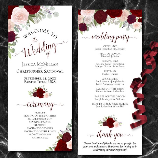 Elegant Burgundy Boho Watercolor Floral Wedding Programme (Front/Back)
