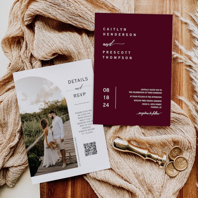 Elegant Burgundy Boho Wedding Arch Photo QR Code I Invitation (Creator Uploaded)