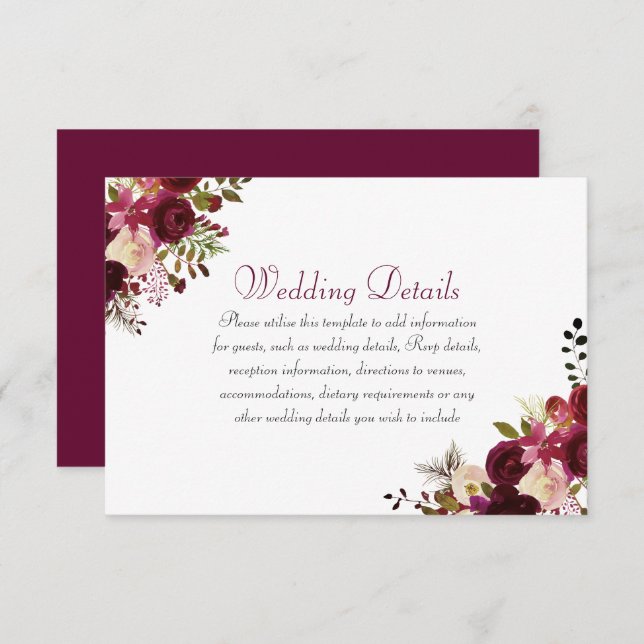 Elegant Burgundy Boho Wedding Reception Details Invitation (Front/Back)
