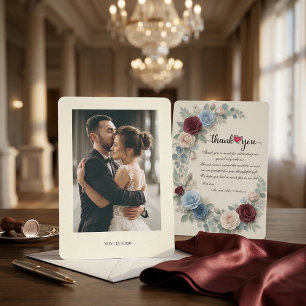 Elegant Burgundy Botanical Photo Wedding Thank You Card
