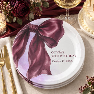 Elegant Burgundy Bow Birthday Party Paper Plate