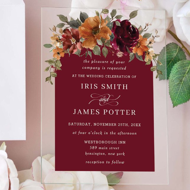 Elegant Burgundy Burnt Orange Rust Floral Wedding Acrylic Invitations (Creator Uploaded)
