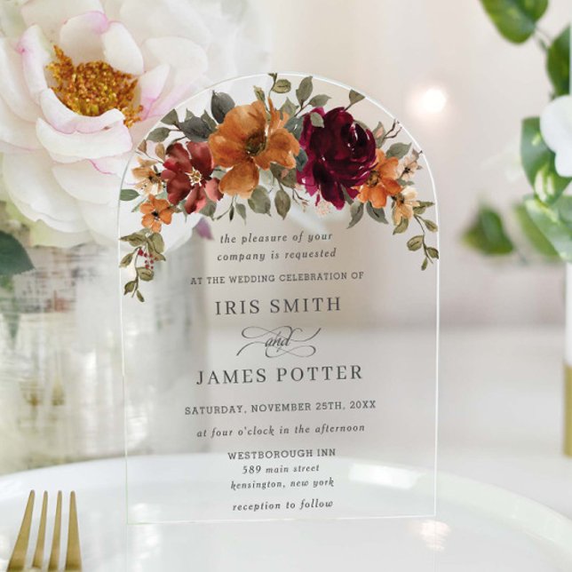 Elegant Burgundy Burnt Orange Rust Floral Wedding Acrylic Invitations (Creator Uploaded)