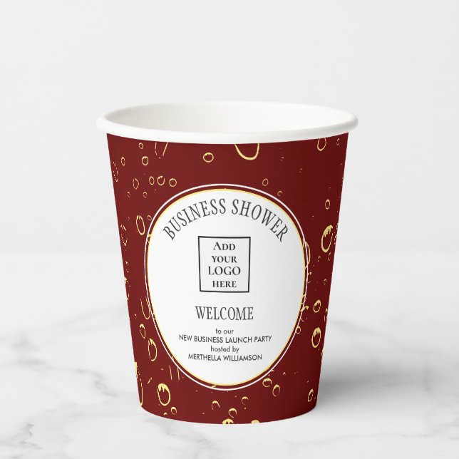 Elegant Burgundy Business Shower Logo Paper Cups (Front)