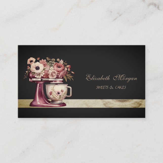 Elegant Burgundy Cake Mixer Black Bakery Business Card (Front)
