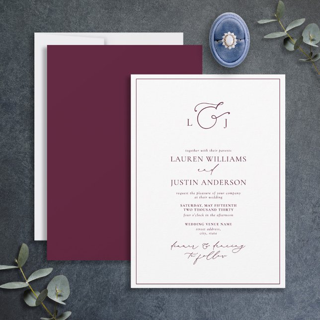 Elegant Burgundy Calligraphy Monogram Wedding Invitation (Creator Uploaded)