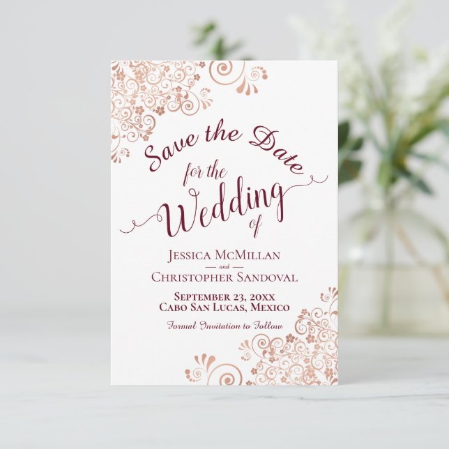 Elegant Burgundy Calligraphy & Rose Gold Wedding Save The Date (Standing Front)