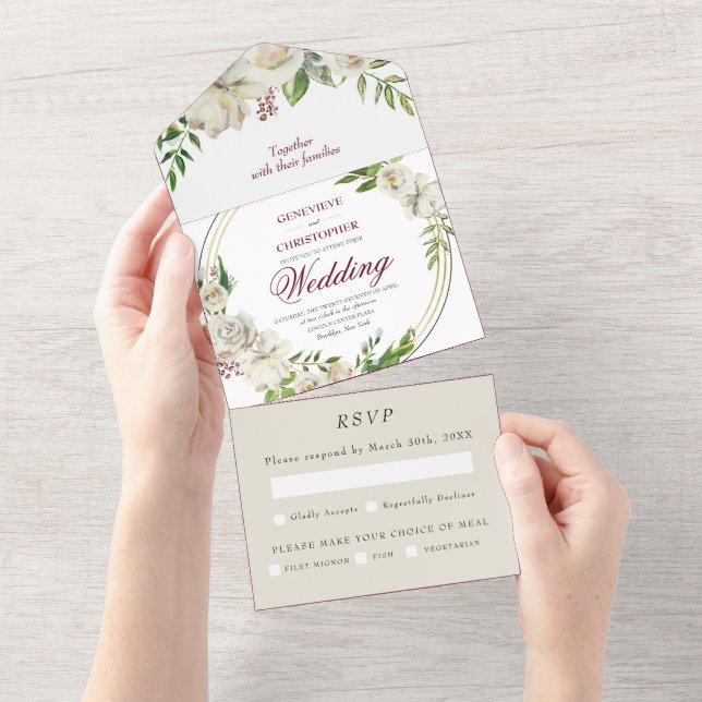 Elegant Burgundy Champagne Gold Rose Wedding All In One Invitation (Tearaway)