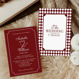 Elegant Burgundy Checkered Old Money Wedding Invitation