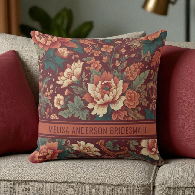 Elegant Burgundy Chinoiserie Floral Bridesmaid Cushion (Creator Uploaded)