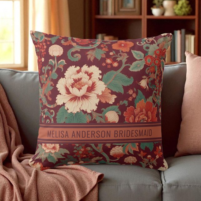 Elegant Burgundy Chinoiserie Floral Bridesmaid Cushion (Creator Uploaded)