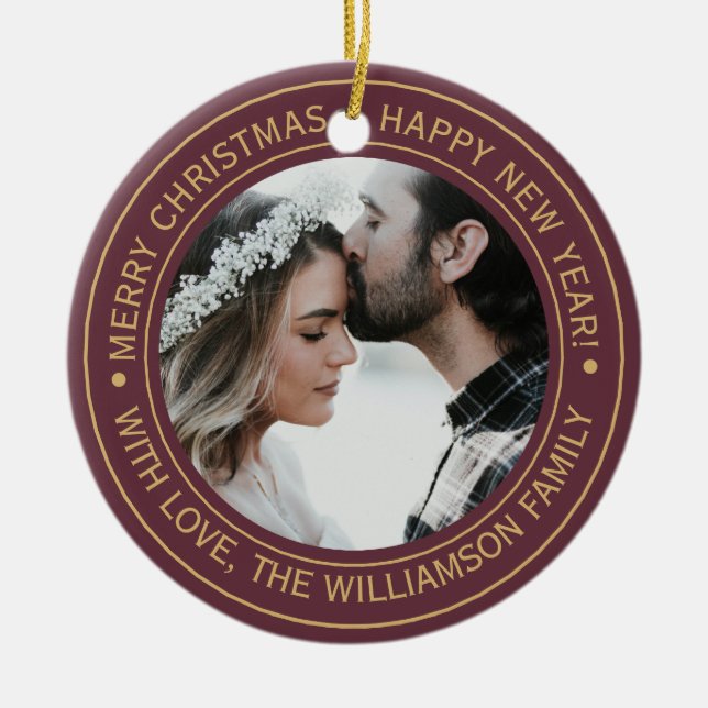 Elegant Burgundy Christmas Monogram Photo Ceramic Tree Decoration (Front)