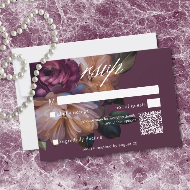 Elegant Burgundy Classic Moody Floral Wedding QR RSVP Card (Elegant Burgundy Classic Moody Floral Wedding RSVP Card)