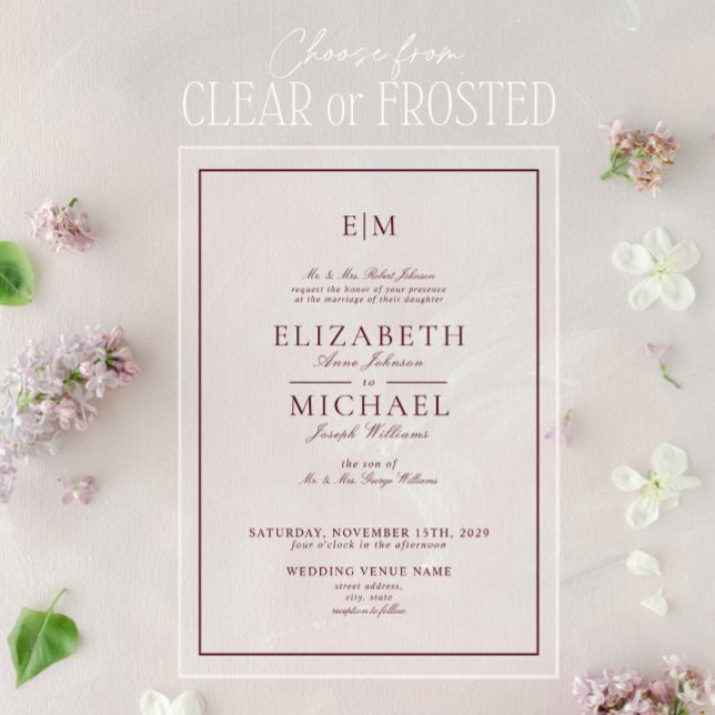 Elegant Burgundy Classic Script Monogram Wedding Acrylic Invitations (Creator Uploaded)