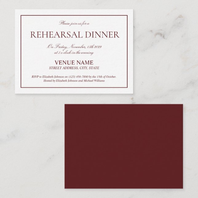 Elegant Burgundy Classic Script Rehearsal Enclosure Card (Front/Back)