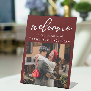 Elegant Burgundy Couple Photo Wedding Welcome Pedestal Sign