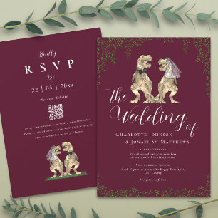 Elegant Burgundy & Cream Dinosaur Wedding QR Code Invitation