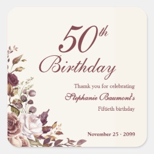 Elegant Burgundy Cream Floral 50th Birthday Party Square Sticker