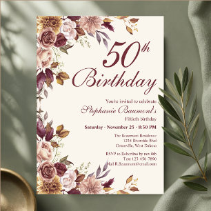 Elegant Burgundy Cream Floral Border 50th Birthday Invitation