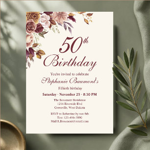 Elegant Burgundy Cream Floral Corner 50th Birthday Invitation