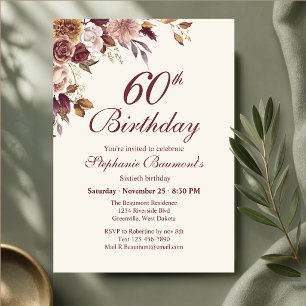 Elegant Burgundy Cream Floral Corner 60th Birthday Invitation