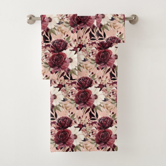 Elegant Burgundy Cream Light Pink Floral Towel Set (Insitu)