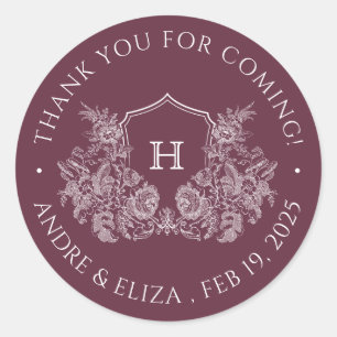 Elegant Burgundy Crest Monogram Wedding Sticker