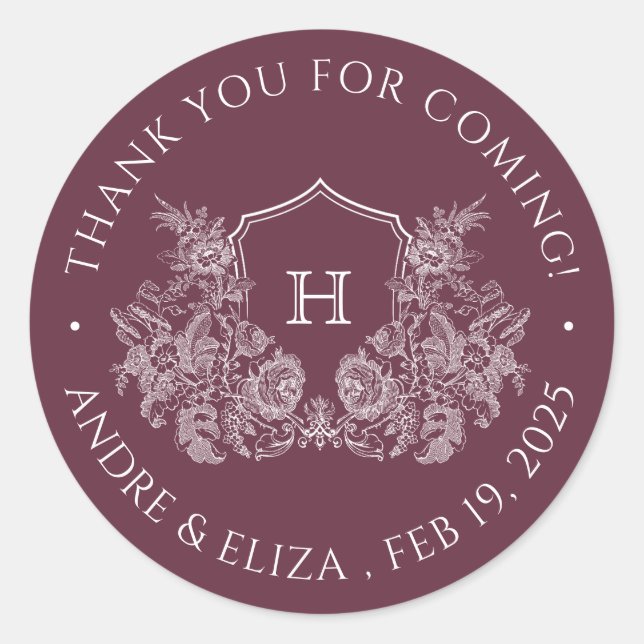 Elegant Burgundy Crest Monogram Wedding Sticker (Front)