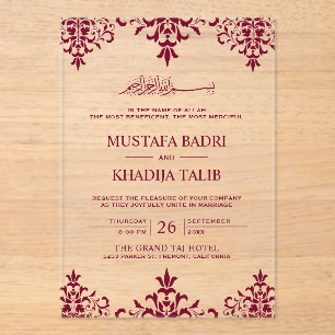 Elegant Burgundy Damask Islamic Wedding Acrylic Invitations