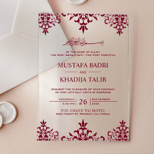 Elegant Burgundy Damask Islamic Wedding Acrylic Invitations