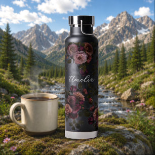 Elegant Burgundy Dark Pink Floral Art Pattern Water Bottle