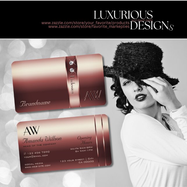 Elegant Burgundy Decor Shimmery Diamonds Monogram Business Card (Creator Uploaded)