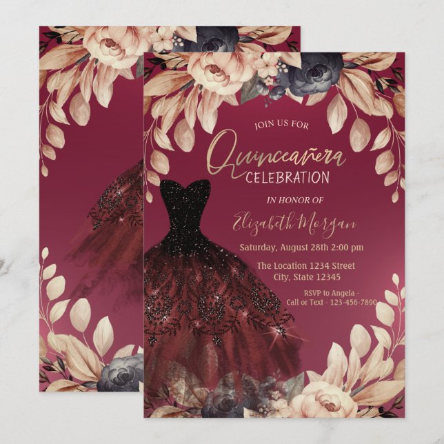 Elegant Burgundy Dress Floral Quinceañera Invitation (Front/Back)