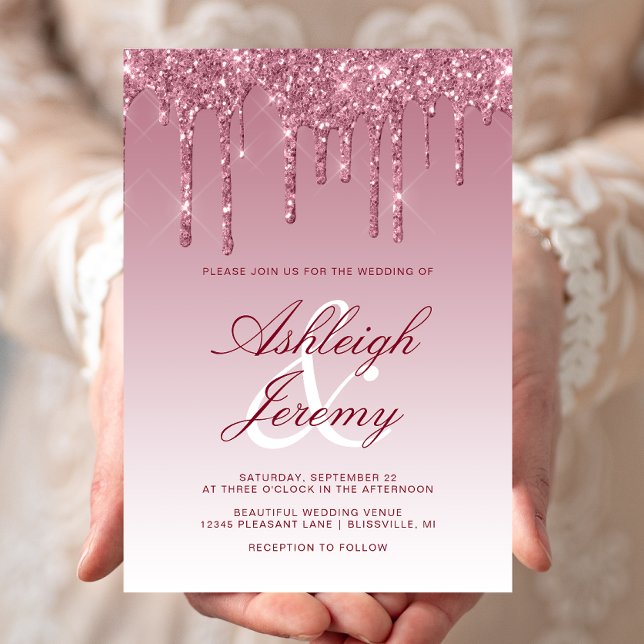 Elegant Burgundy Dripping Glitter Script Wedding Invitation (Creator Uploaded)