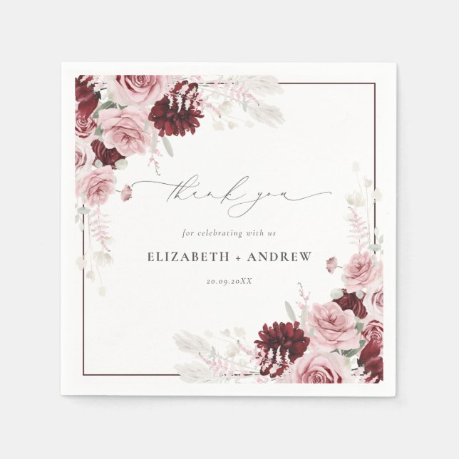 Elegant Burgundy Dusty Rose Watercolor Wedding Napkin (Front)