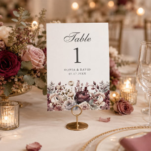 Elegant Burgundy & Dusty Rose Wedding Table Number