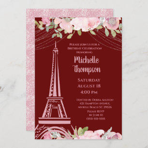 Elegant Burgundy Eiffel Tower Paris  Birthday   Invitation